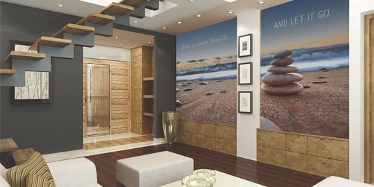 A wall wrap featuring stacked stones decorates a wall in a modern space.
