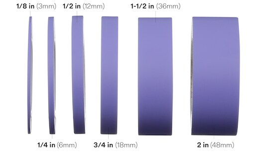 Poly Tape is available  in 3mm, 6mm, 12mm, 18mm, 36mm, and 48mm sizes,
