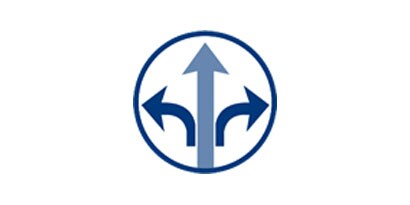 Blue and white line drawing of left-turn arrow, straight arrow and right-turn arrow.
