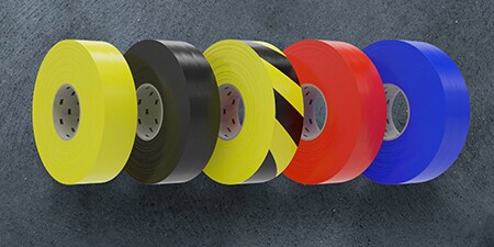 Yellow, black, red and blue rolls and black-and-yellow roll of 3M™ General Purpose Vinyl Tape 764
