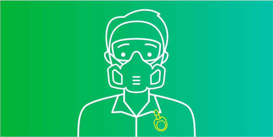 Illustration of worker wearing protective mask, goggles, and badge monitor on green-blue gradient.
