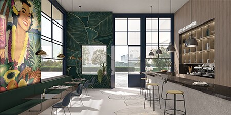 A digital rendering of a café showing how 3M films can be applied for both surface design and functionality.
