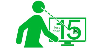 green pictogram of a person pointing at a computer monitor
