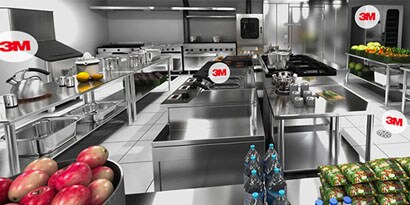 virtual commercial kitchen showing 3M product solutions for cleaning and food service
