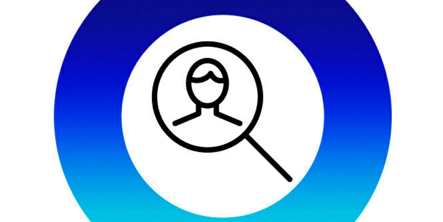 person inside magnifying glass inside blue gradient circle icon
