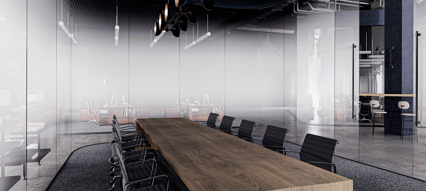 Image of an office conference room using a gradation FASARA™ Glass Finish.