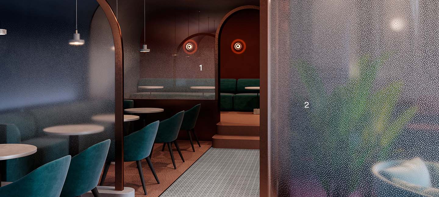Image of a cafe displaying multiple options of FASARA™ Glass Finishes.
