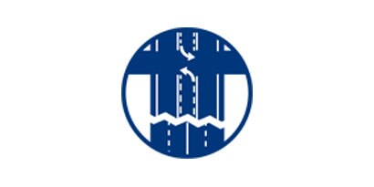 Blue and white line drawing depicting four-lane road becoming three-lane road.
