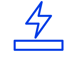 Blue lineart icon of lightning bolt above a surface representing slectrically conductive foams
