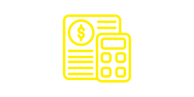 Yellow graphical icon of calculator and accounting dollar sheet, illustrating cost savings
